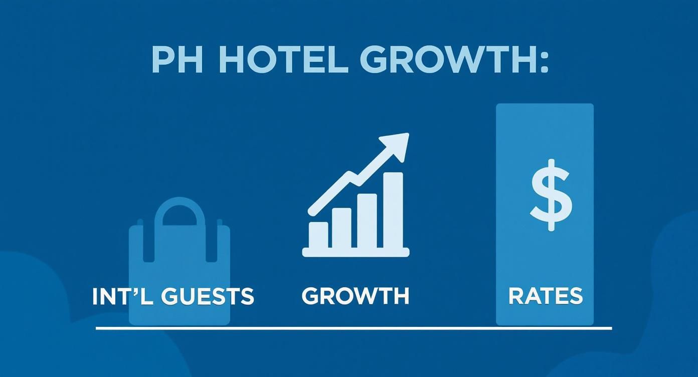 Infographic showing PH Hotel Growth through international guests, overall growth, and increased rates.