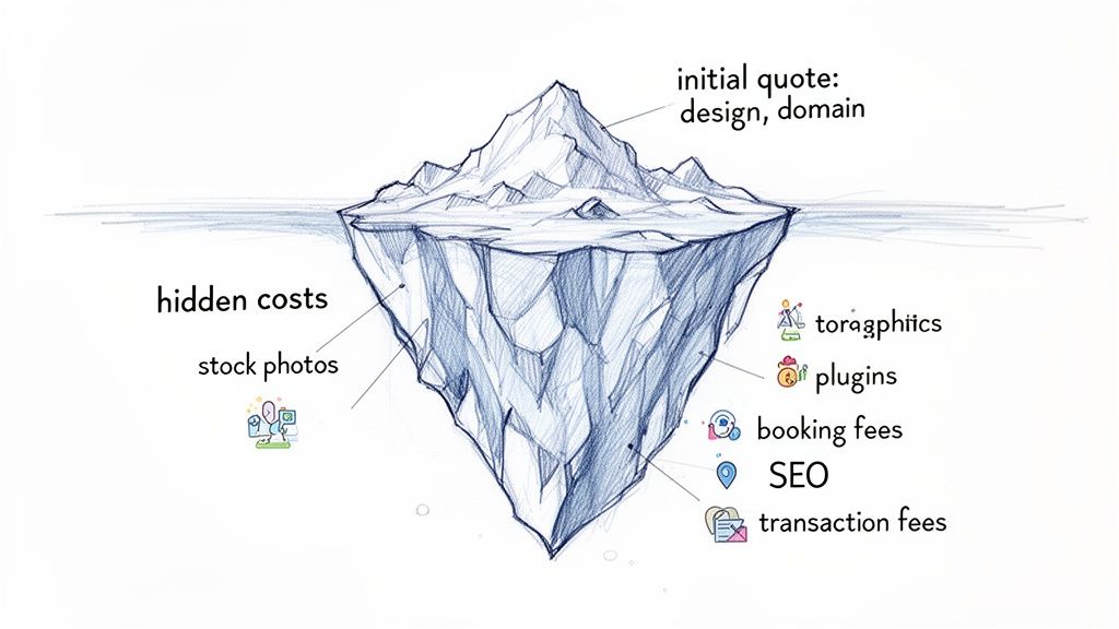 Iceberg diagram illustrating initial website design and domain costs versus various hidden fees.