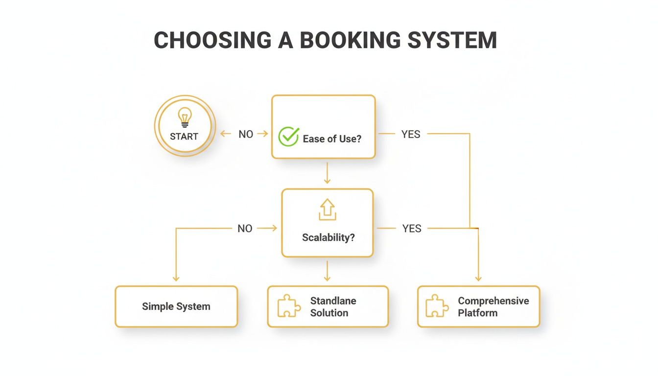 Flowchart guiding the selection of a booking system based on ease of use and scalability.
