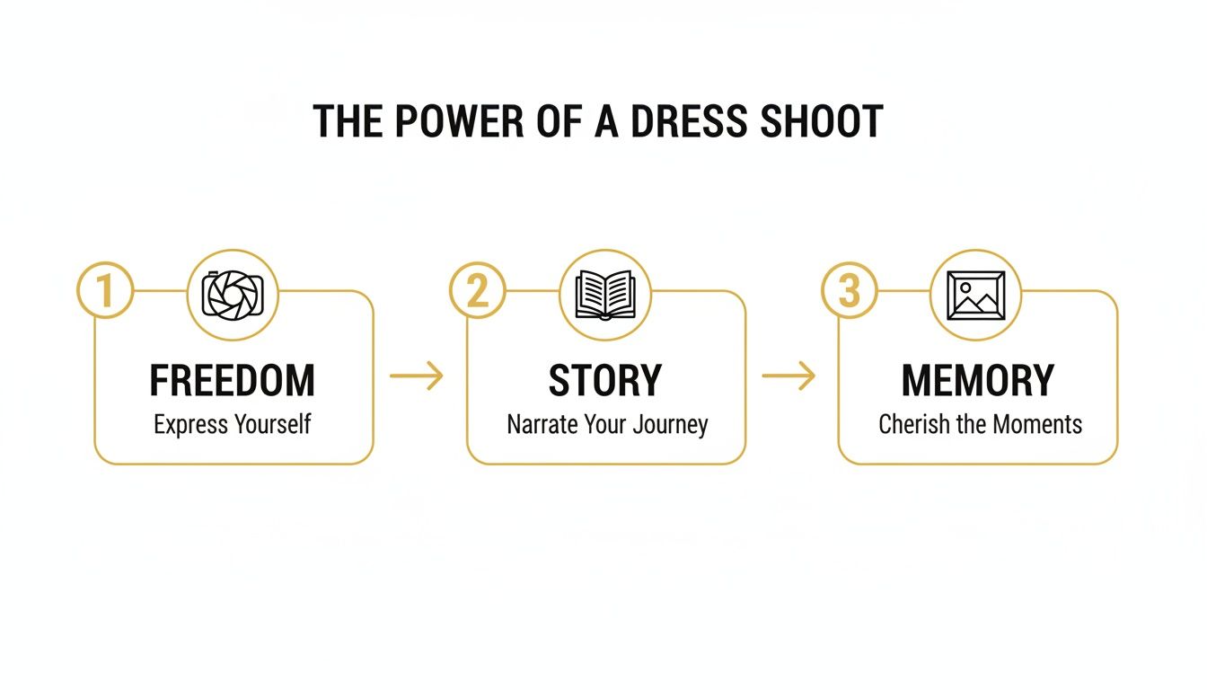 Diagram illustrating the power of a dress shoot: Freedom, Story, and Memory, with descriptive subtext.