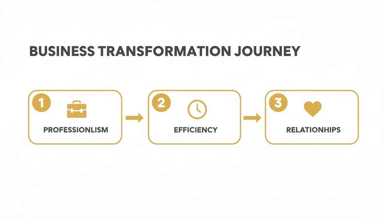 A clear infographic illustrating a three-step business transformation journey with key outcomes.