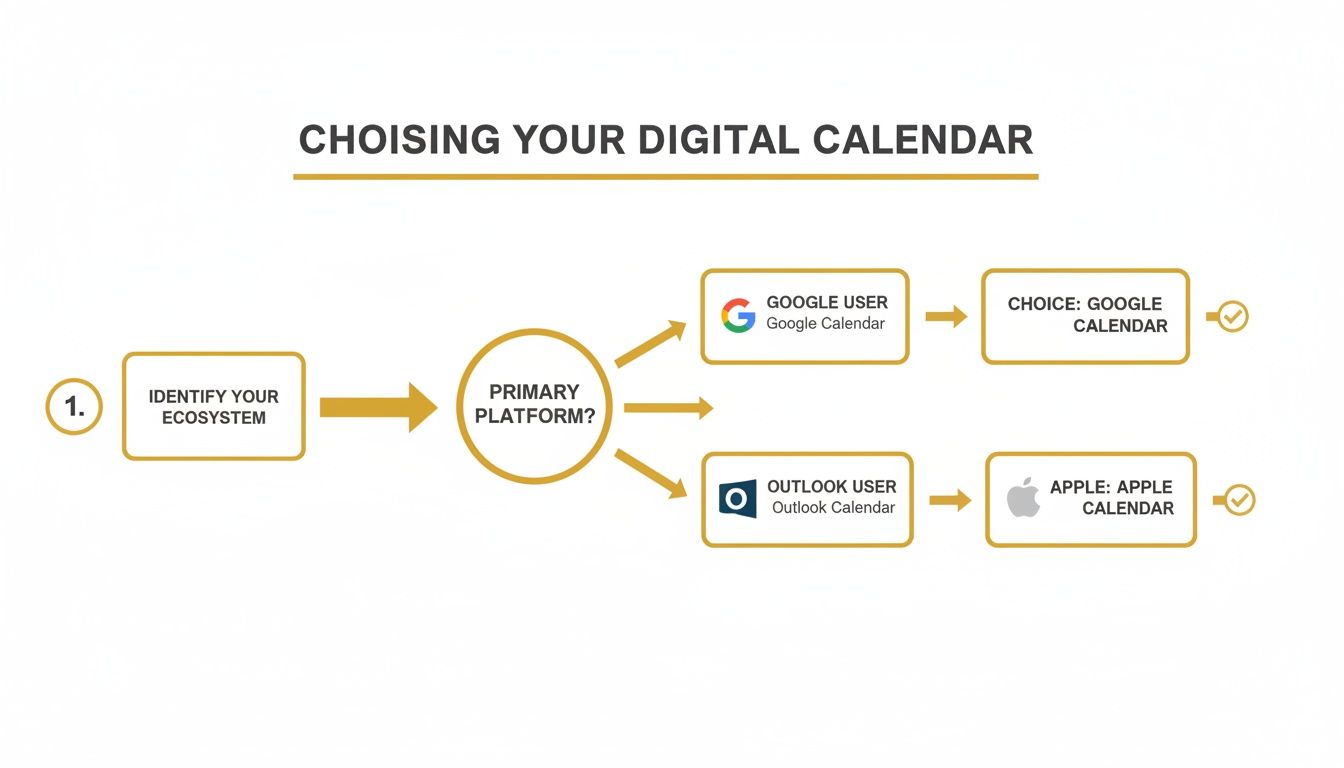 A flowchart illustrating how to choose your digital calendar, based on Google or Apple ecosystems.