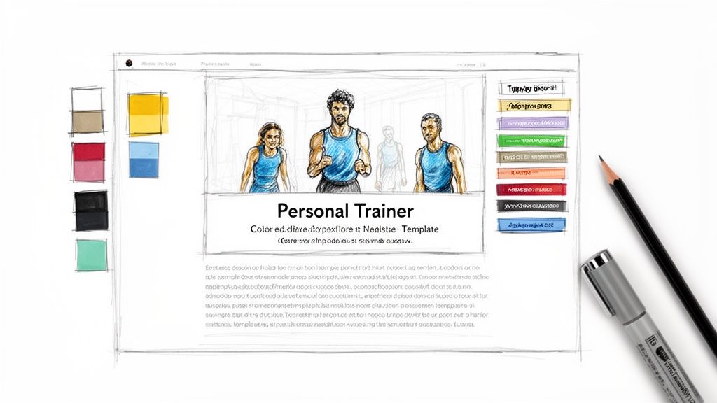 Hand-drawn sketch of a website template for a personal trainer, showing design elements and color palettes.