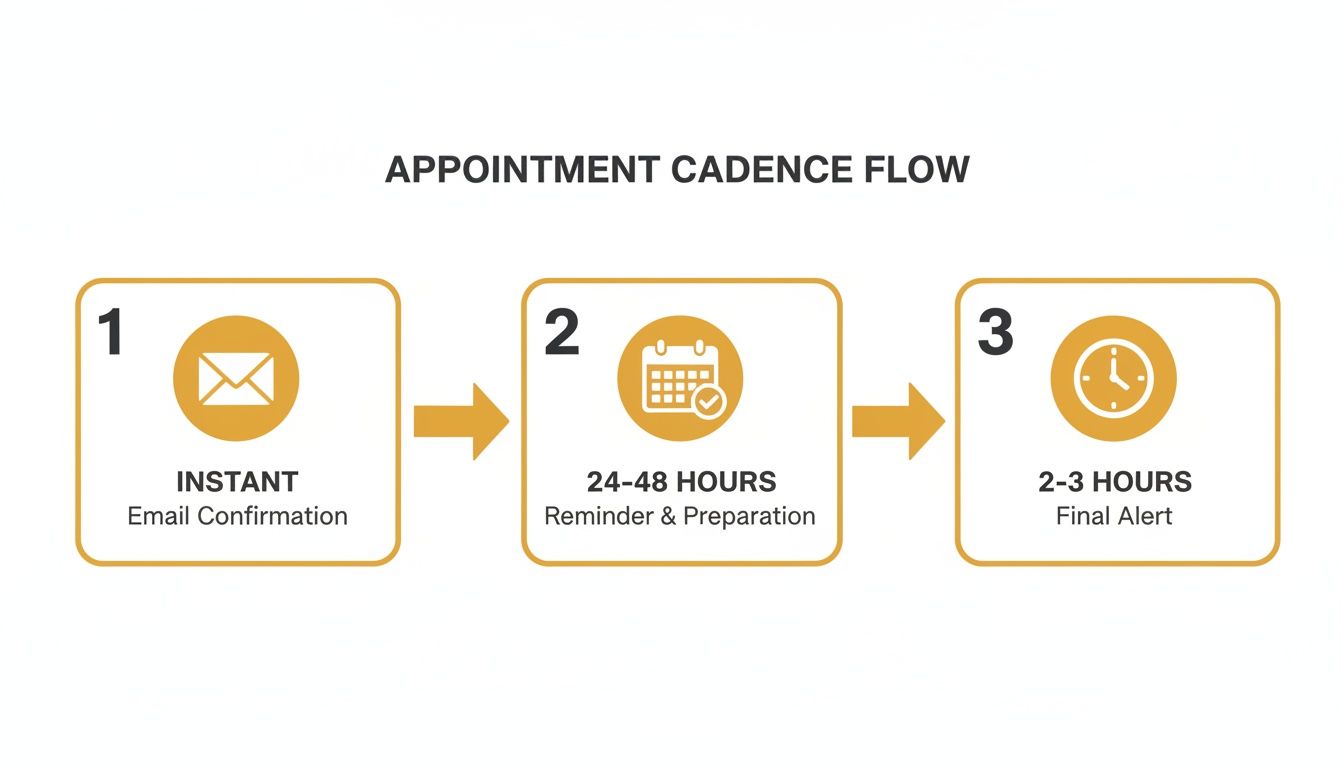 Appointment cadence flow diagram illustrating instant email confirmation, 24-48 hour reminder, and 2-3 hour final alert.