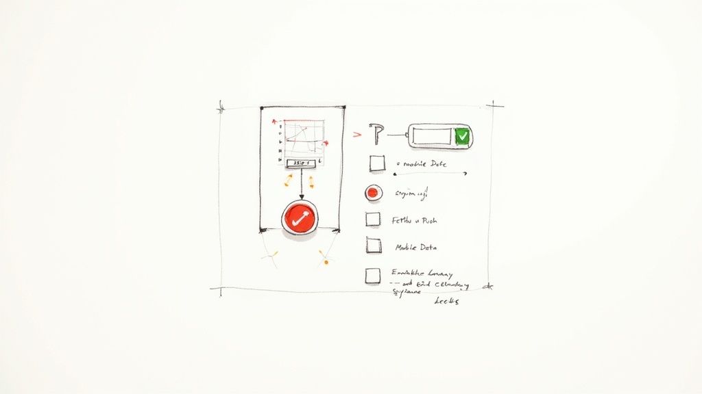 A handwritten sketch on a white background, depicting a mobile app interface with data synchronization settings, a timer, and a battery indicator.