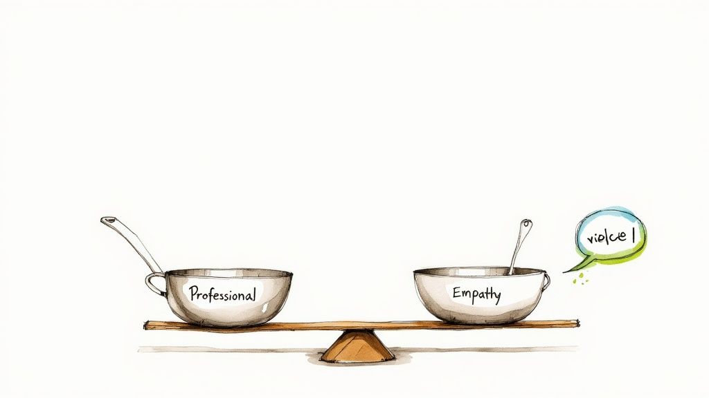 A perfectly balanced scale with a 'Professional' pan and an 'Empathy' bowl with 'viole|' speech bubble.