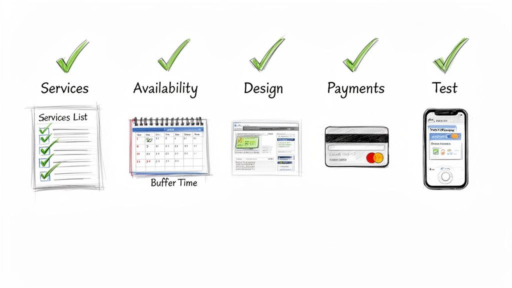 Illustration showing five successfully implemented features: services, availability, design, payments, and mobile testing.