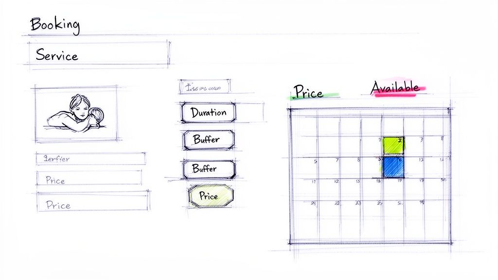 Hand-drawn sketch of a booking website interface featuring service details, pricing, and a calendar for availability.