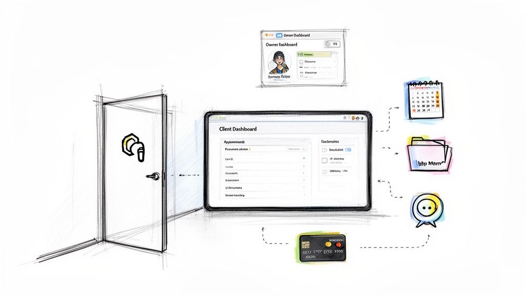 A comprehensive illustration of a client portal, featuring dashboards, calendar, files, and payment options.
