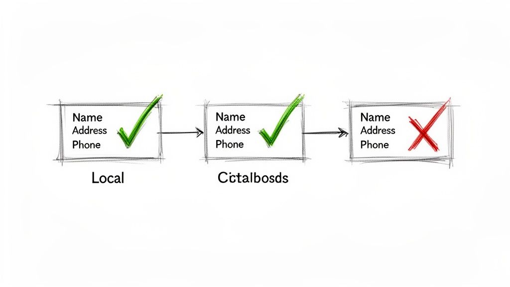 Flowchart demonstrating accurate Name, Address, Phone data (NAP) across local and online listings versus incorrect data.