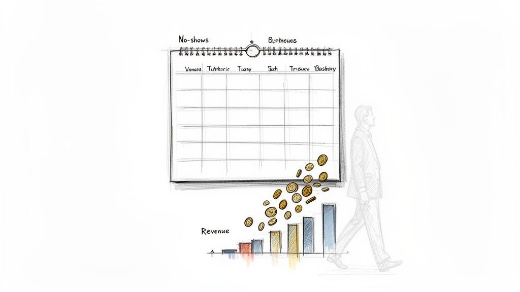 A sketch illustrating a no-shows calendar, a growing revenue bar chart with falling coins, and a man walking.
