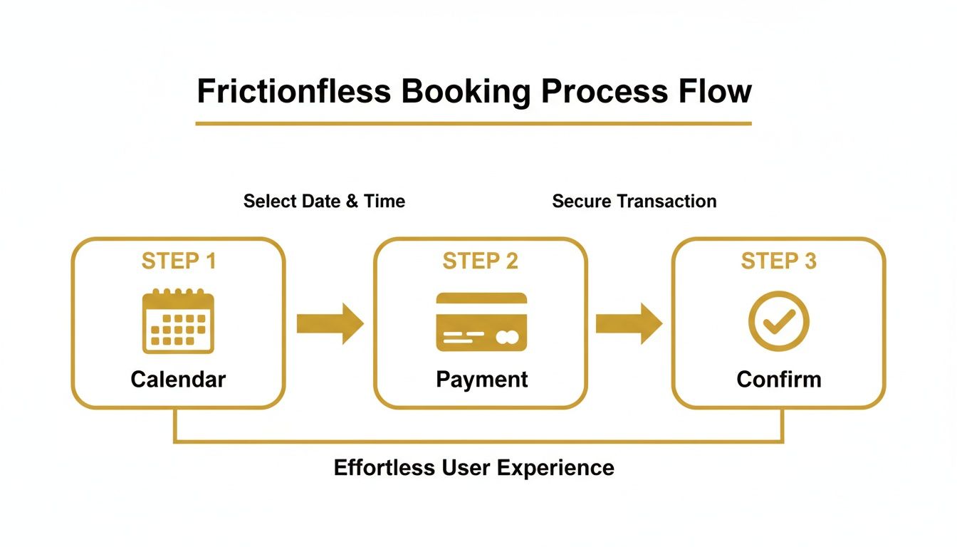 A three-step frictionless booking process flow showing calendar selection, payment, and confirmation for an effortless user experience.