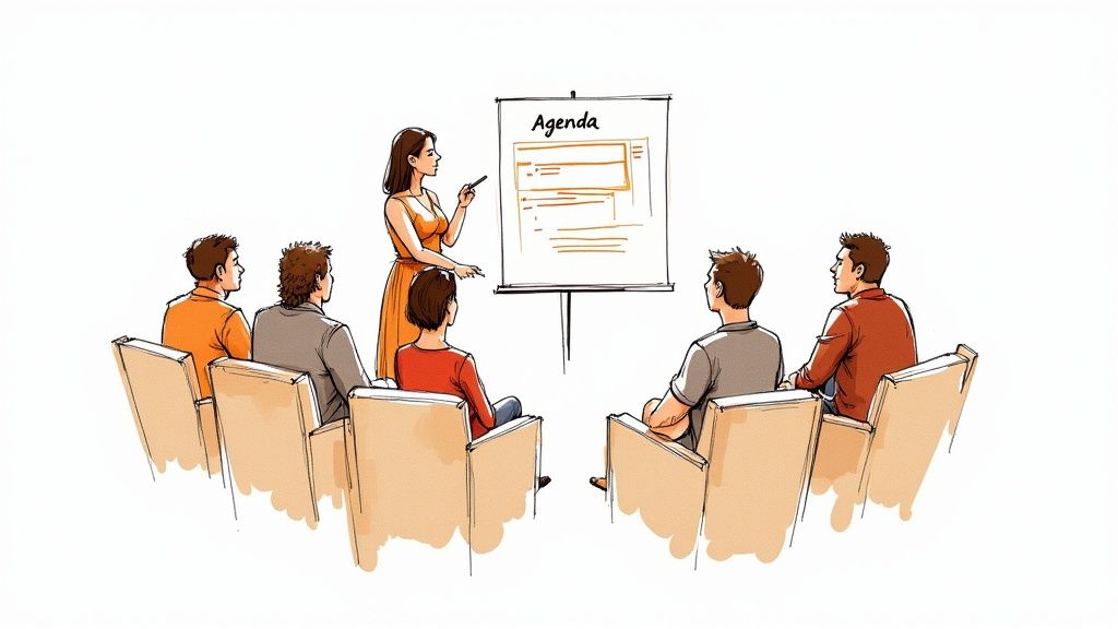 A woman presenter points to an agenda on a whiteboard for a group of men attending a meeting.