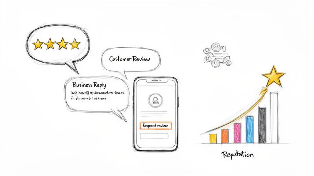 Hand-drawn illustration showing customer reviews, business replies, and a phone requesting a review, leading to improved reputation.