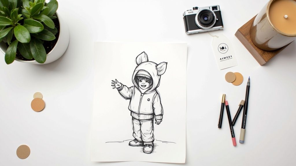 A flat lay features a smiling child sketch in a hooded jacket, camera, plant, candle, and pens.