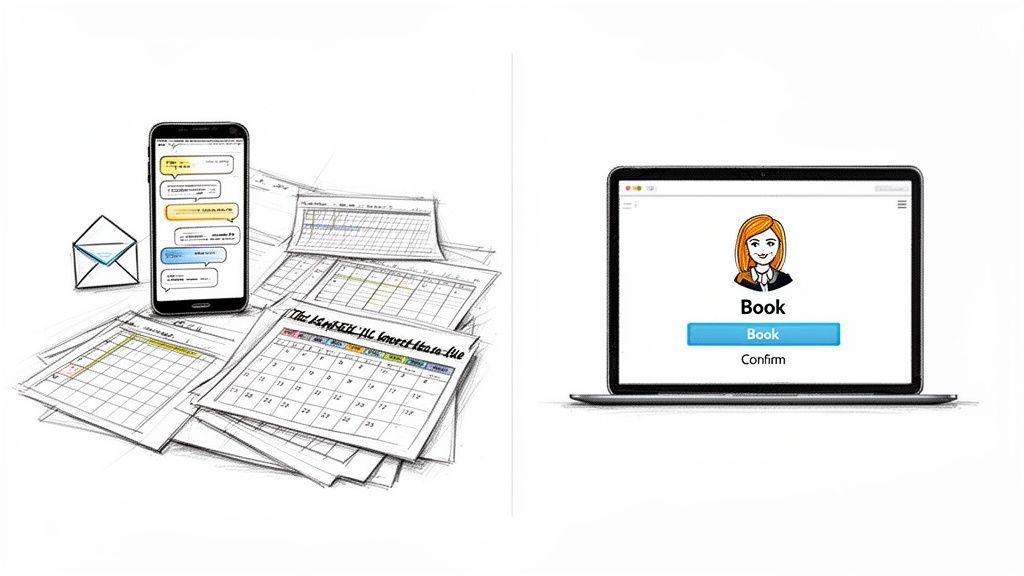 Illustration of manual paper calendars and phone communication contrasted with a digital booking system on a laptop.