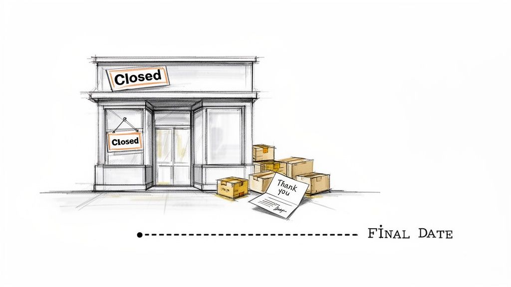 Sketch of a closed storefront with 'Closed' signs, moving boxes, and a 'Thank you' note.