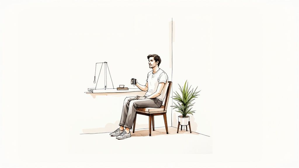 A minimalist line drawing shows a man sitting at a light desk, holding a coffee mug, with a green plant next to him.
