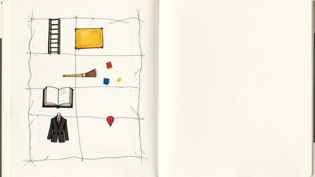 A sketchbook page showing a grid of hand-drawn icons representing film, art, books, business, and location.