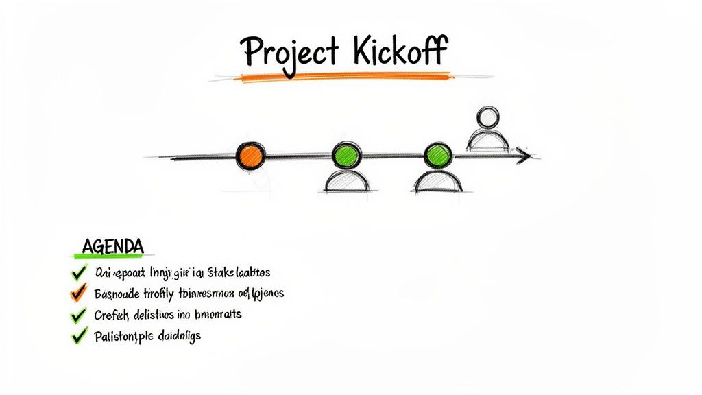 Project kickoff meeting agenda with a visual timeline showing team progression and stages.
