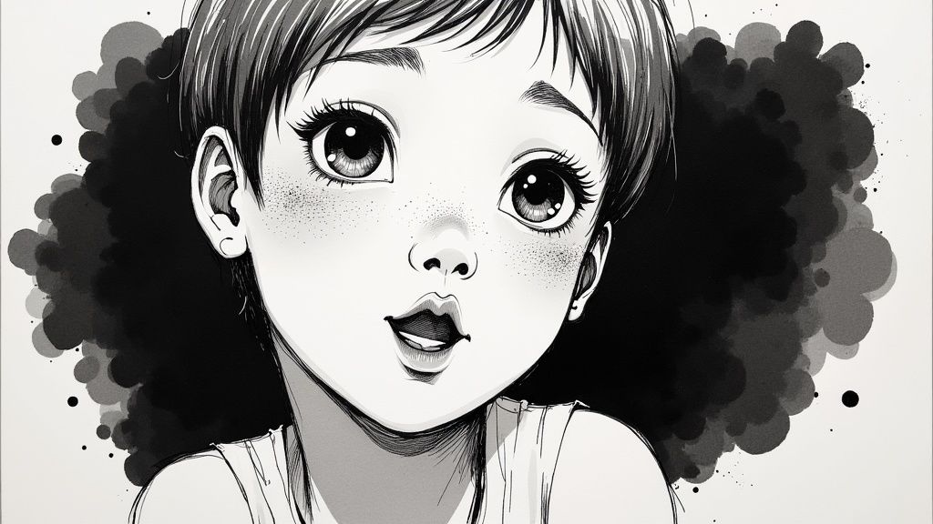 Close-up black and white manga portrait of a wide-eyed child with dark hair and freckles.