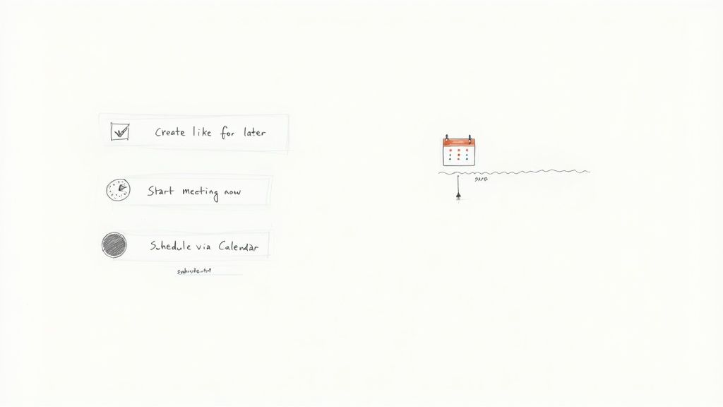 Hand-drawn sketch illustrating meeting scheduling options: create link, start now, or schedule via calendar.