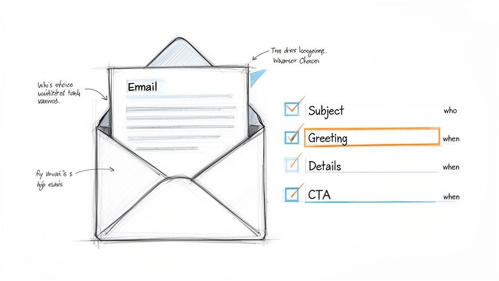 A hand-drawn sketch of an email, with a checklist highlighting greeting, subject, details, and CTA.