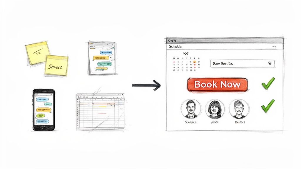 Illustration showing a transition from scattered notes and chats to an organized online booking and scheduling platform.