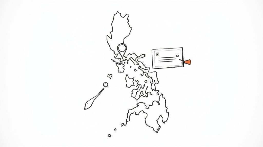 Whiteboard sketch of the Philippines map with location markers and a flying letter with a rocket.