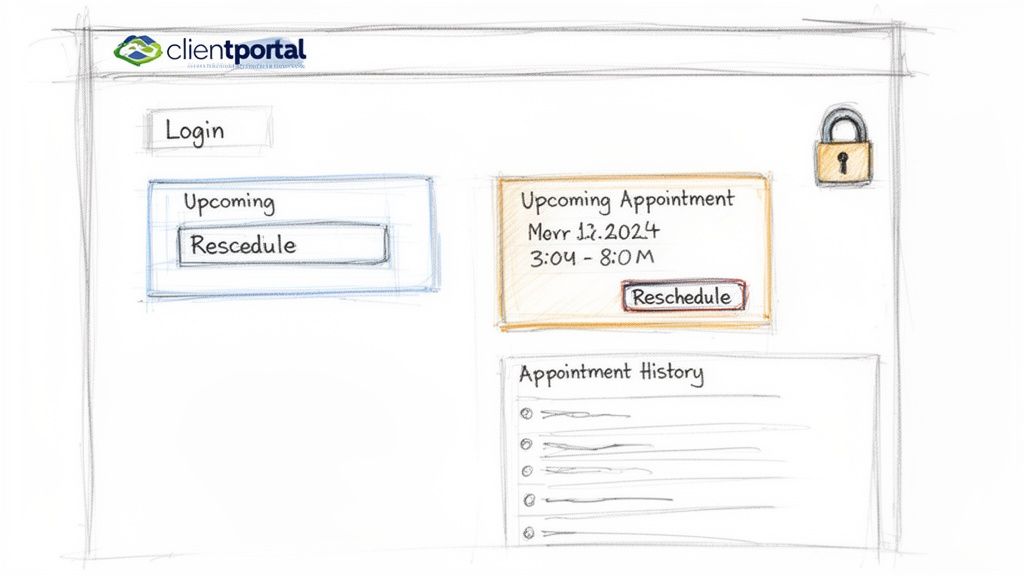 A hand-drawn wireframe sketch of a client portal for managing upcoming appointments and history.