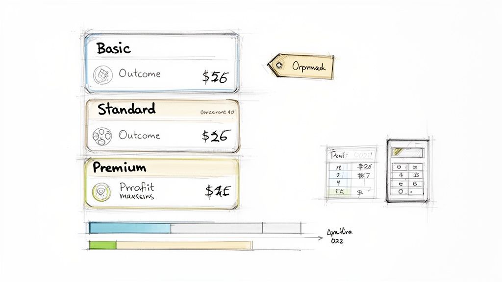 Hand-drawn sketch of three pricing tiers (Basic, Standard, Premium), progress bars, and financial data.
