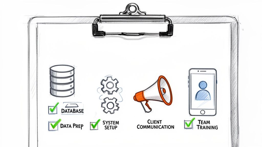 Hand-drawn checklist on a clipboard showing project steps: database, data prep, system setup, client communication, and team training.