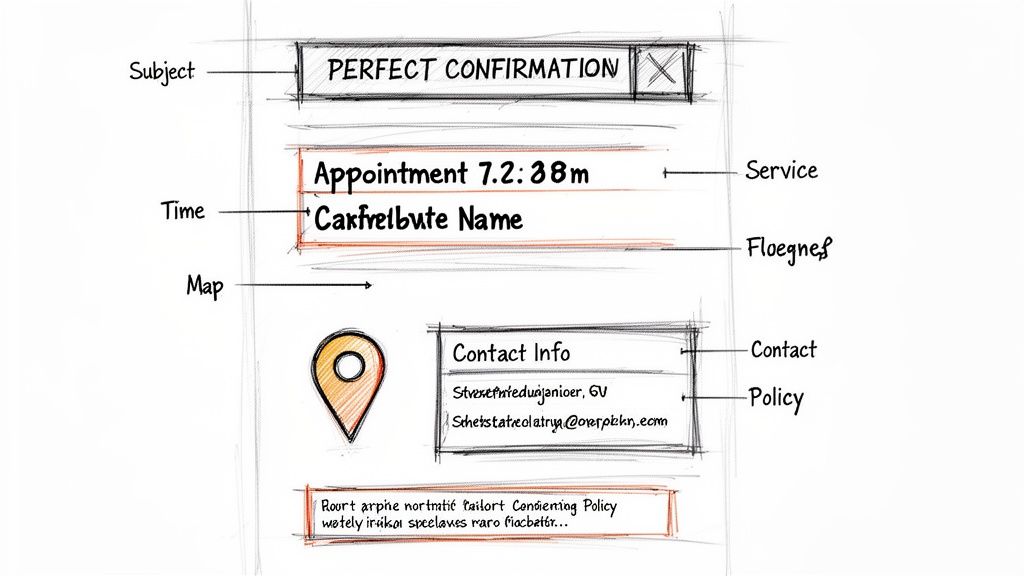 Hand-drawn sketch of a mobile app's appointment confirmation screen, showing service, time, map, and contact information.