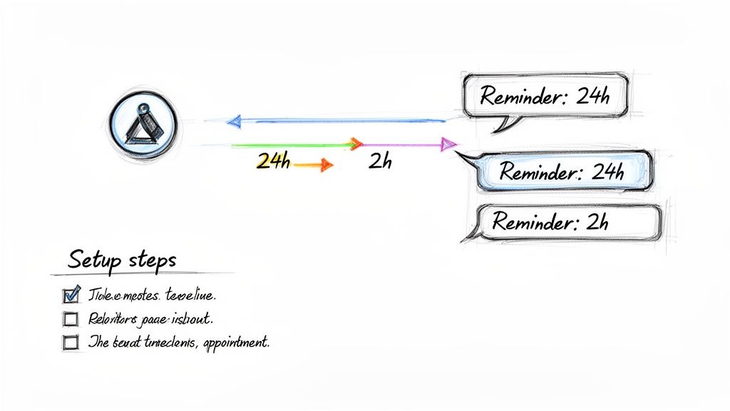 Hand-drawn diagram illustrating setup steps for appointment reminders with 24h and 2h notification times.