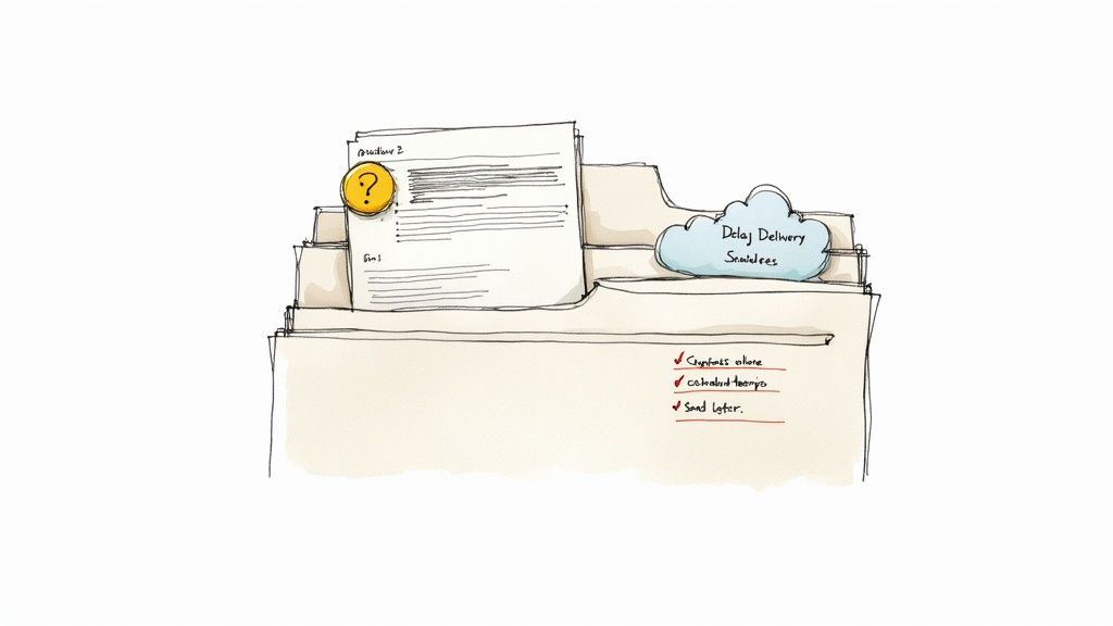 Hand-drawn illustration of stacked file folders with documents, one marked 'Delay Delivery' and 'Send later'.