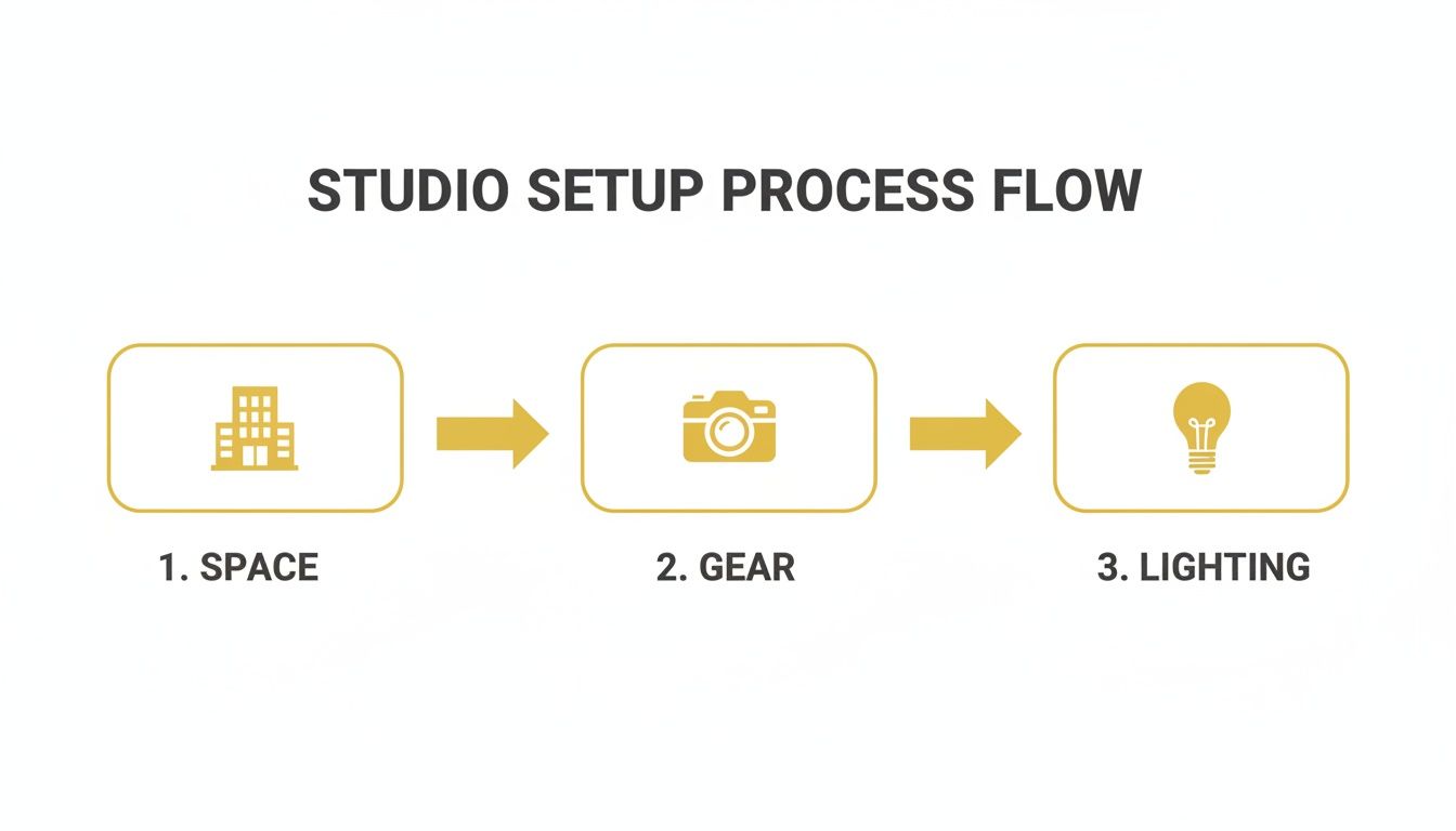 A three-step flow chart illustrating the studio setup process: space, gear, and lighting.