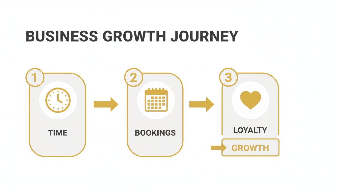 A business growth journey infographic detailing steps from time to bookings, customer loyalty, and ultimately growth.