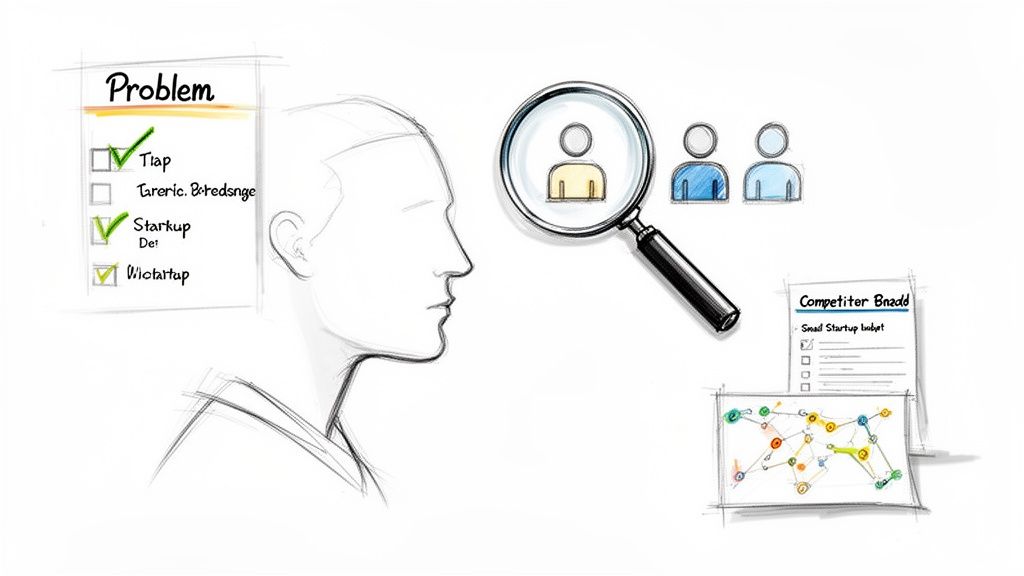Hand-drawn illustration showing problem identification, user research, competitor analysis, and strategic planning.