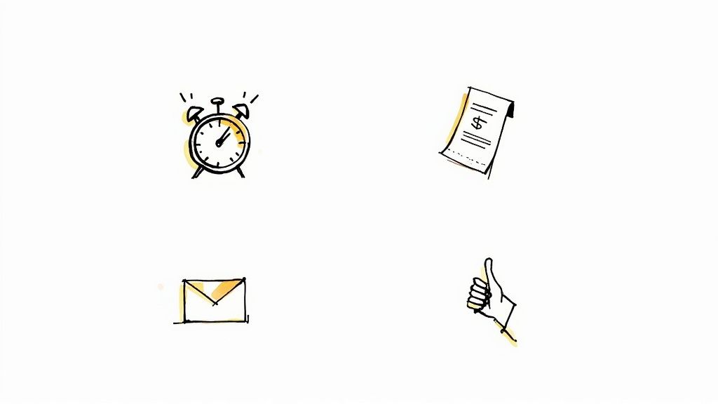 A set of hand-drawn icons including an alarm clock, receipt, envelope, and thumbs-up on white.