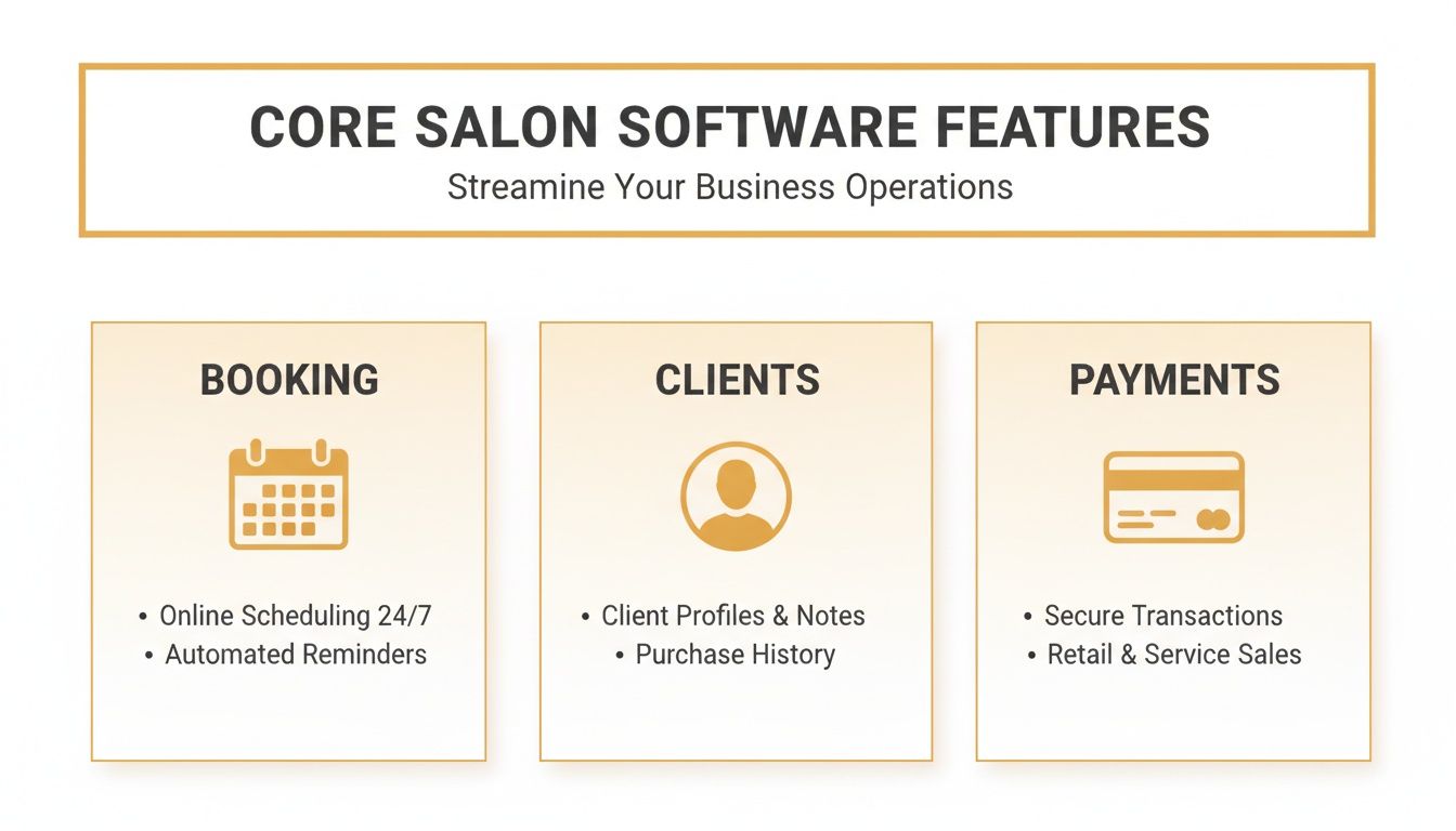 Infographic showing core salon software features for booking, client management, and secure payments.