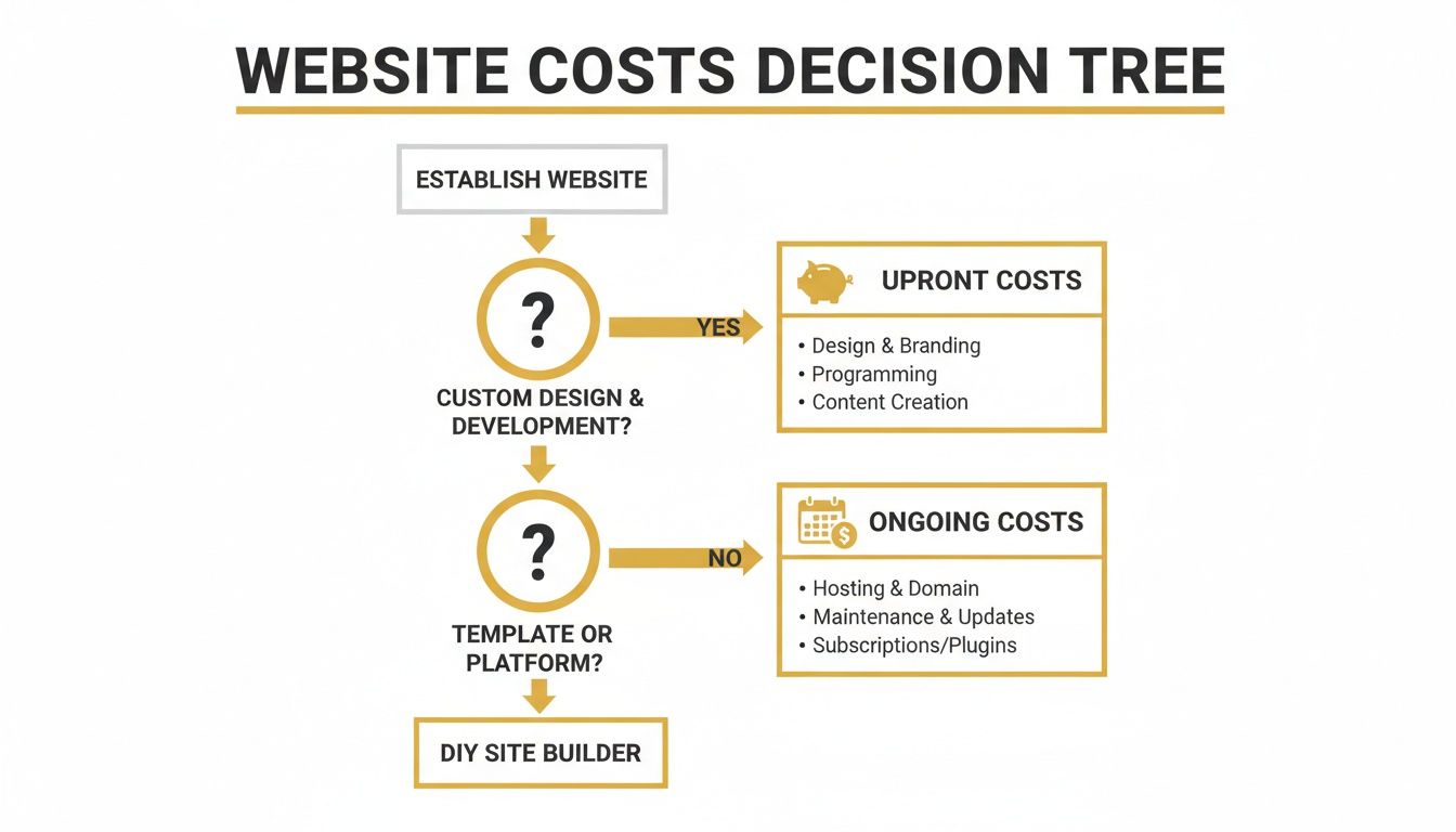 Decision tree illustrating website costs, differentiating custom design, templates, or DIY site builders, with separate upfront and ongoing expenses.