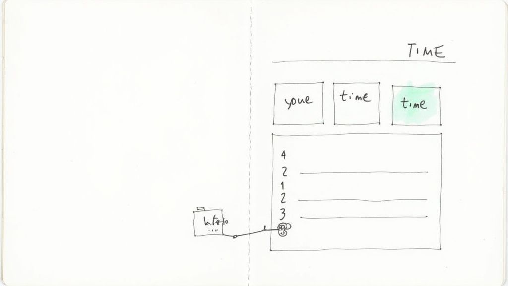 A hand-drawn sketch on a notebook page showing a 'TIME' interface with selectable options and a numbered list.