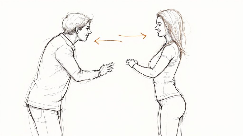 Sketch of a smiling man and woman facing each other with arrows indicating communication.