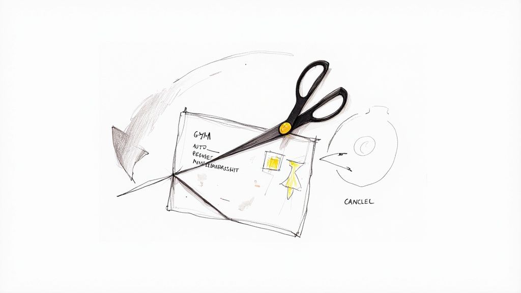 A hand-drawn illustration of scissors cutting a document with 'GYM', 'AUTO', and 'MEMBERSHIP' written, symbolizing cancellation.