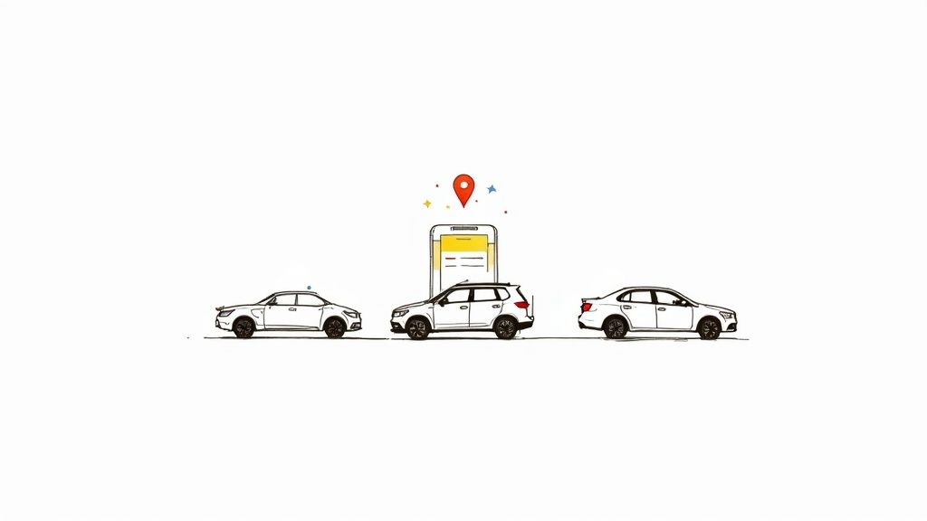 Illustration of three cars (two sedans, one SUV) with a smartphone app and location pin, symbolizing a car rental service.