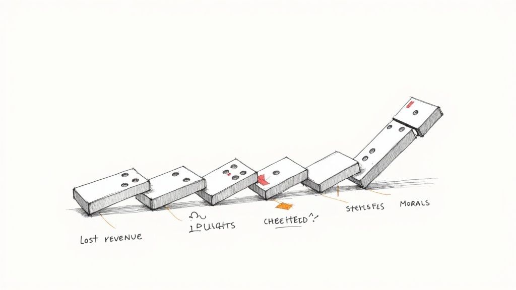 A drawing of white dominoes falling, depicting a negative chain reaction from lost revenue to compromised morals.
