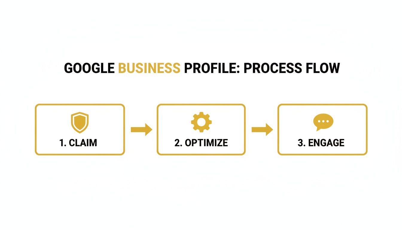 A Google Business Profile process flow diagram outlining three steps: claim, optimize, and engage.