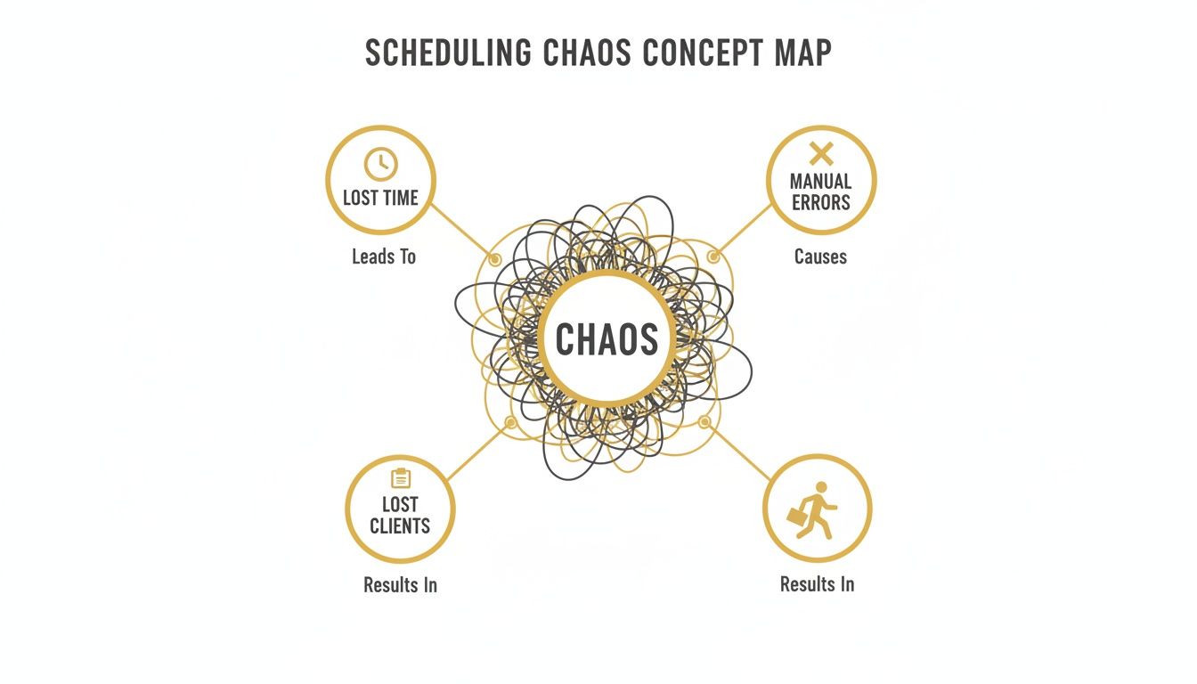A concept map illustrating scheduling chaos, showing manual errors as a cause, leading to lost time, lost clients, and lost opportunities.