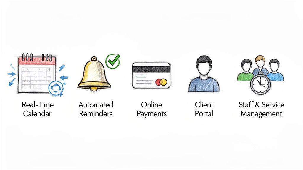 Icons representing key software features: real-time calendar, automated reminders, online payments, client portal, and staff and service management.