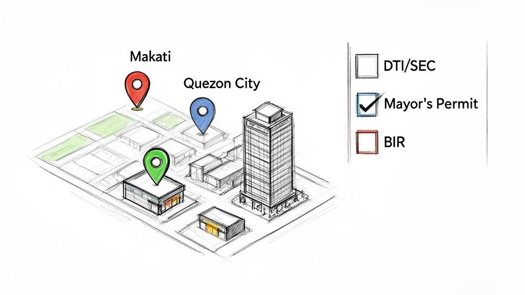 A sketched map showing Makati and Quezon City locations with buildings, next to a checklist for business permits.